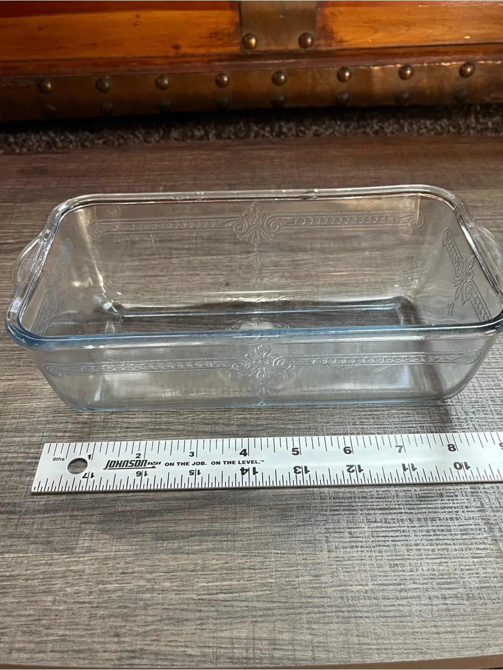 Beautiful Fire King loaf pan. Decorative. Chip on outside and rim. See photos